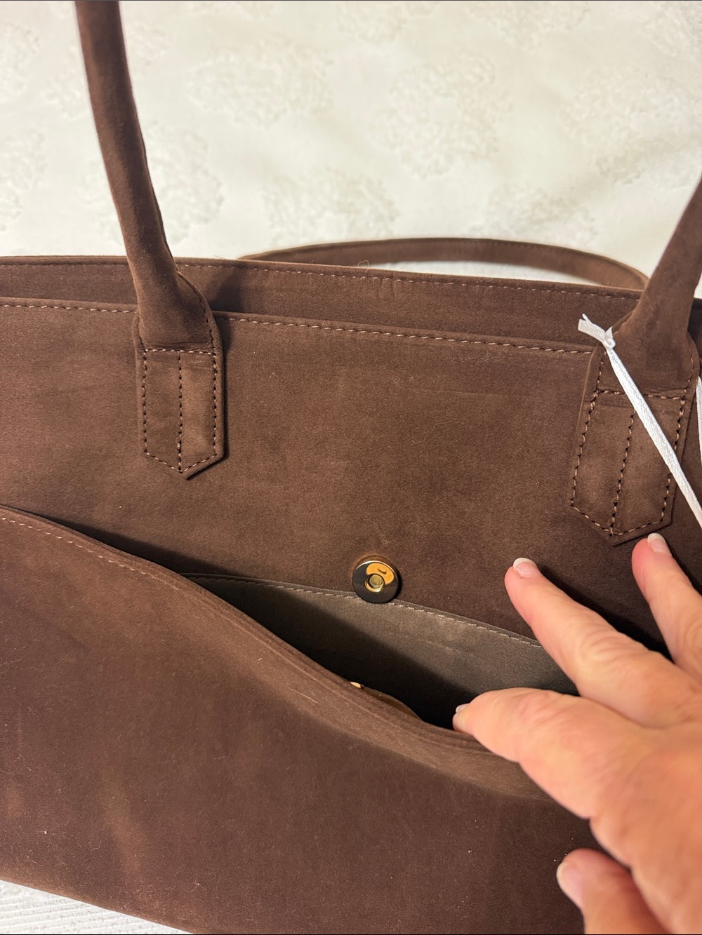 Dark Brown Suede Tote Bag with Front Pocket - Picture 3 of 10